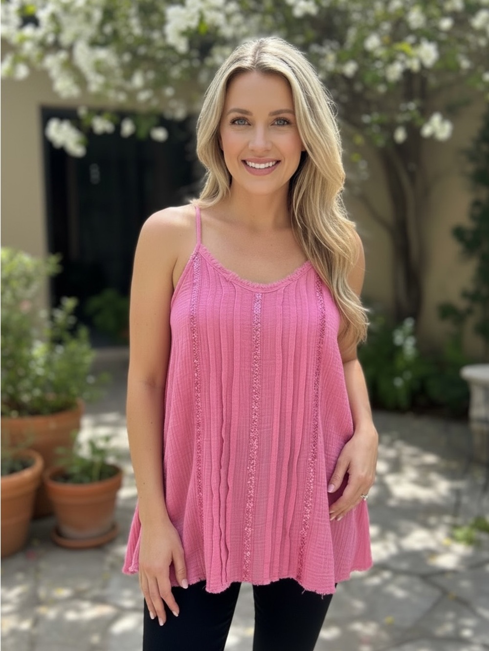 POL NEW Bright Pink Crochet-Trim Tank